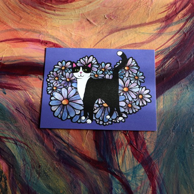 Tuxedo Cat Purple Daisies Art                      Postcard (Creator Uploaded)