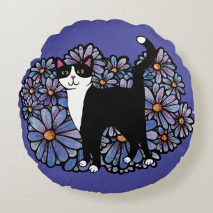 Tuxedo Cat Purple Daisies Art                      Round Pillow