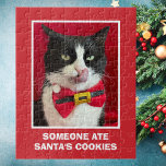 Tuxedo Cat Red Christmas Puzzle<br><div class="desc">This cute tuxedo cat Christmas puzzle features a photograph of a tuxedo cat with her tongue out wearing a Christmas bow. Below the photograph are the words, "Someone ate Santa's Cookies." This is a great puzzle for the cat lover. Copyright peachesthetuxedocat</div>
