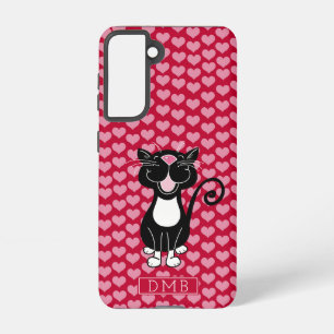 Tuxedo Cat Red Hearts Pattern Monogram Samsung Galaxy Case