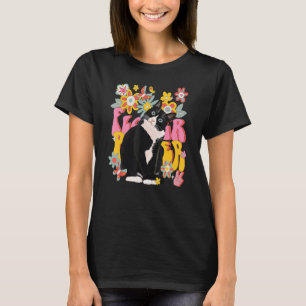 Tuxedo Cat Retro 60s 70s Vibe Flowers Peace Sign V T-Shirt