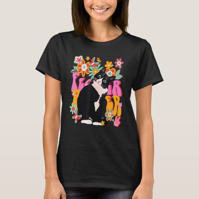 Tuxedo Cat Retro 60s 70s Vibe Flowers Peace Sign V T-Shirt (Front)