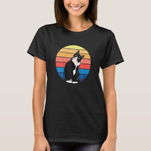 Tuxedo Cat  Retro Colours For Animal Lovers T-Shirt (Front)