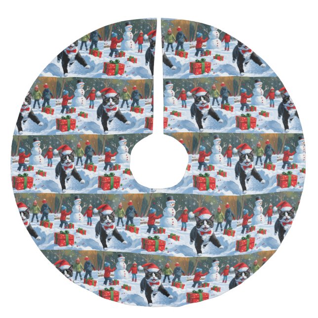 Tuxedo Cat Running in Snow with Christmas Hat Brushed Polyester Tree Skirt (Front)