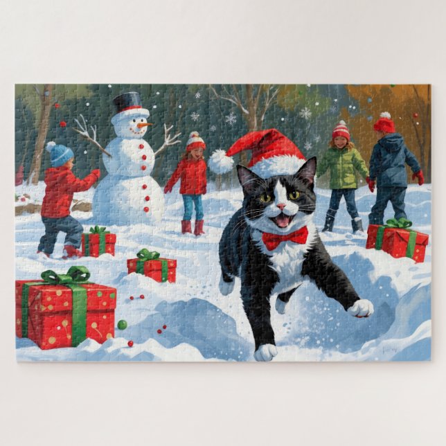 Tuxedo Cat Running in Snow with Christmas Hat Jigsaw Puzzle (Horizontal)