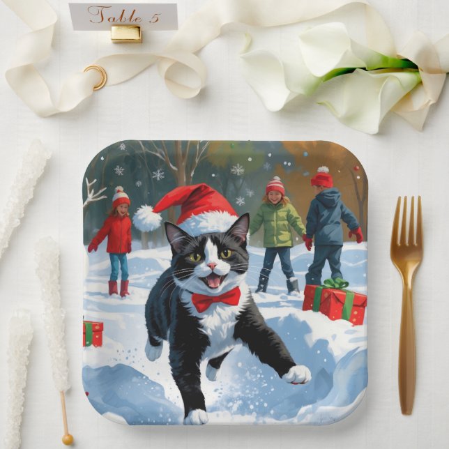 Tuxedo Cat Running in Snow with Christmas Hat Paper Plate (Wedding)