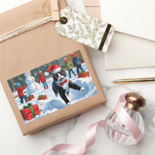 Tuxedo Cat Running in Snow with Christmas Hat Sticker