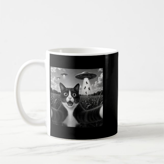 Tuxedo Cat Selfie With Ufo Alien Funny Coffee Mug (Left)