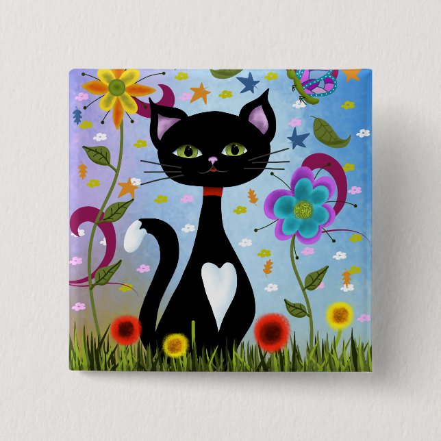 Tuxedo Cat Sitting In A Garden 2 Inch Square Button (Front)
