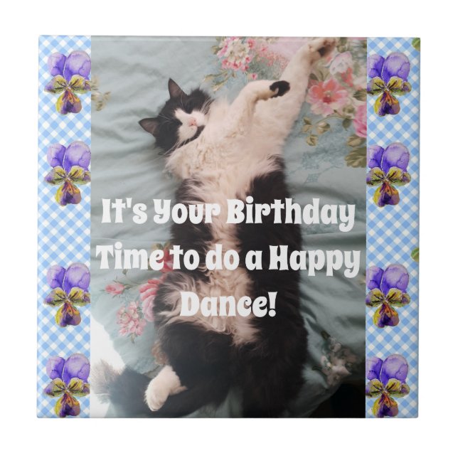Tuxedo Cat Sleeping Funny Cats Happy Dance Tile (Front)