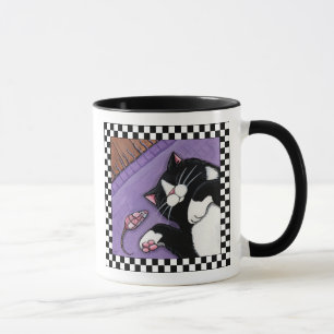 Tuxedo Cat Sleeping Near Toy Mouse Cat Art Mug