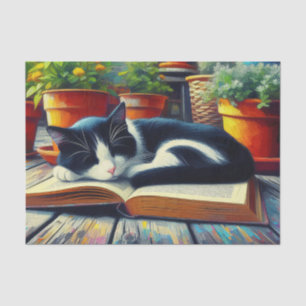 Tuxedo Cat Sleeping on a Book Garden Decoupage Tissue Paper
