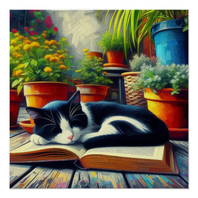 Tuxedo Cat Sleeping on a Book Garden Painting Poster (Front)
