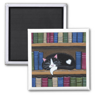 Tuxedo Cat Sleeping on Bookshelf Cat Art Magnet