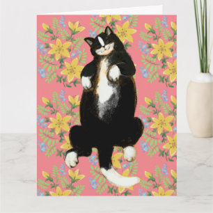 Tuxedo cat Sleeping on floral bed Card