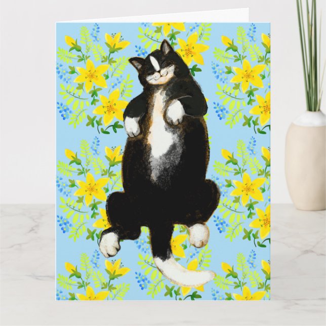 Tuxedo cat Sleeping on floral bed Card (Front)