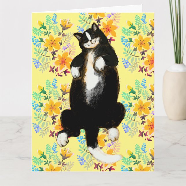 Tuxedo cat Sleeping on floral bed Card (Front)
