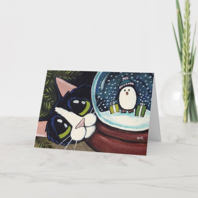 Tuxedo Cat & Snow Globe | Animal Art Greeting Card (Front)