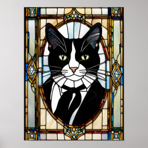 Tuxedo Cat Stained Glass Artwork Poster