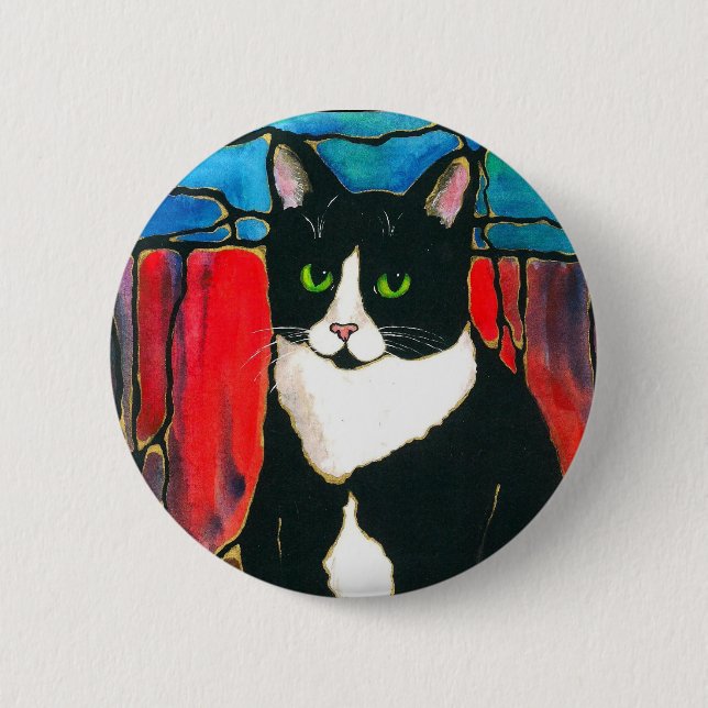 Tuxedo Cat Stained Glass Design Art T-Shirt 2 Inch Round Button (Front)