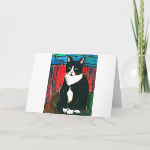 Tuxedo Cat Stained Glass Design Art T-Shirt Card