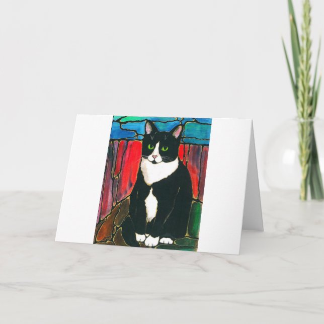 Tuxedo Cat Stained Glass Design Art T-Shirt Card (Front)