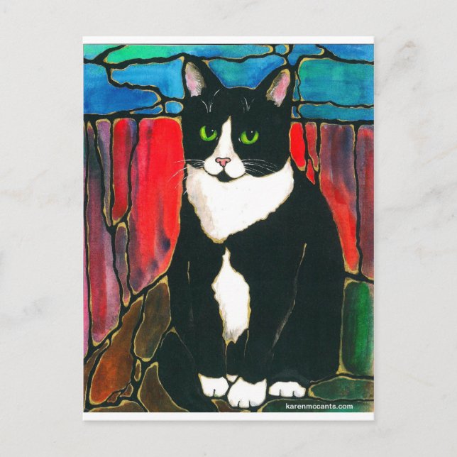 Tuxedo Cat Stained Glass Design Art T-Shirt Postcard (Front)
