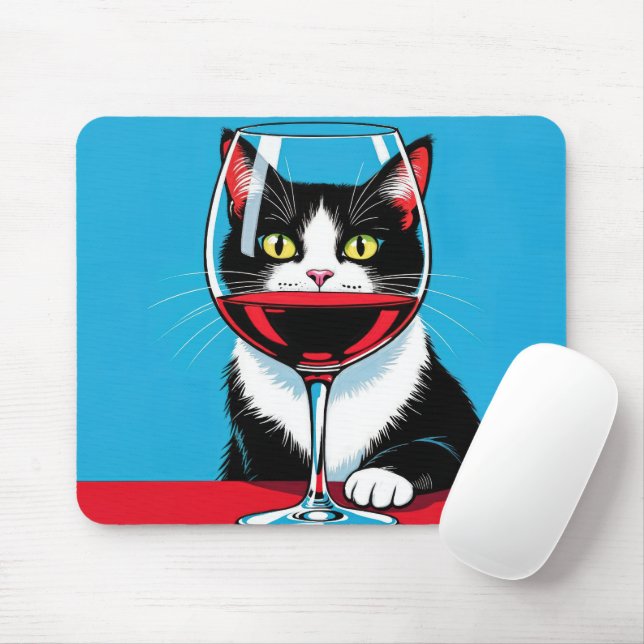 Tuxedo Cat Staring Through a Wine Glass Mouse Pad (With Mouse)