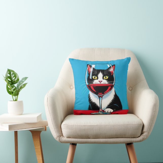 Tuxedo Cat Staring Through a Wine Glass Throw Pillow (Chair)