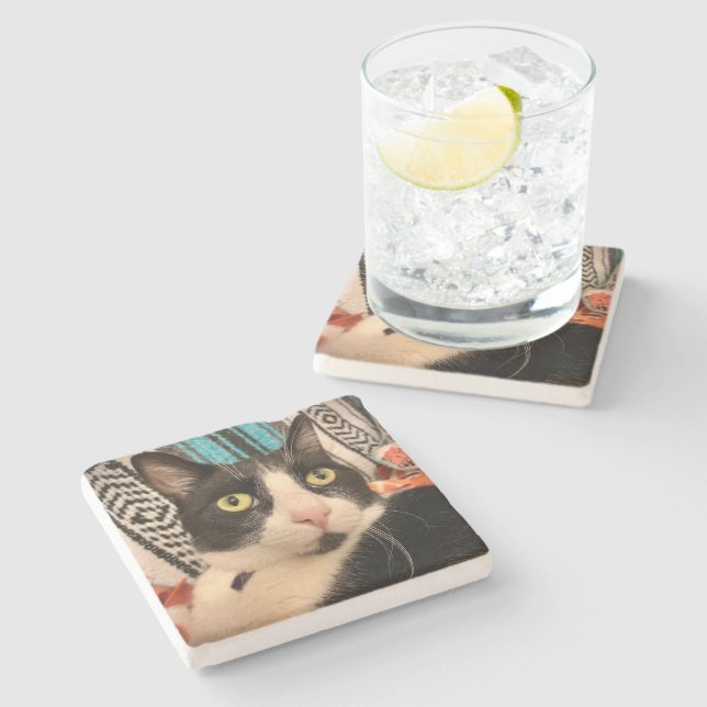Tuxedo Cat Stone Coaster (Side)