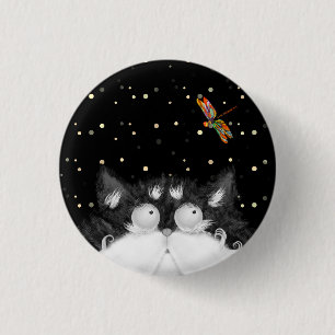 Tuxedo Cat Surprised by Dragonfly 1 Inch Round Button