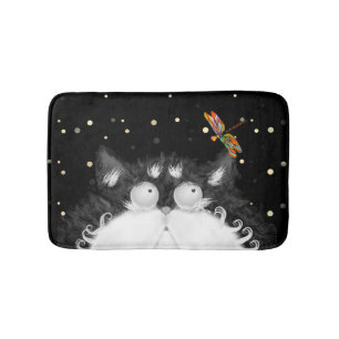 Tuxedo Cat Surprised by Dragonfly Bath Mat