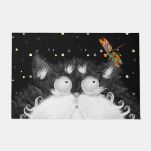 Tuxedo Cat Surprised by Dragonfly  Doormat