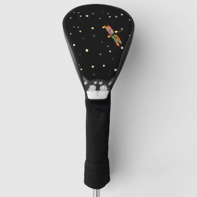 Tuxedo Cat Surprised by Dragonfly  Golf Head Cover (Front)