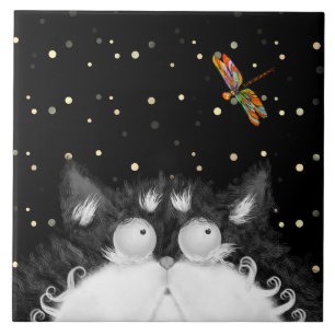 Tuxedo Cat Surprised by Dragonfly Tile