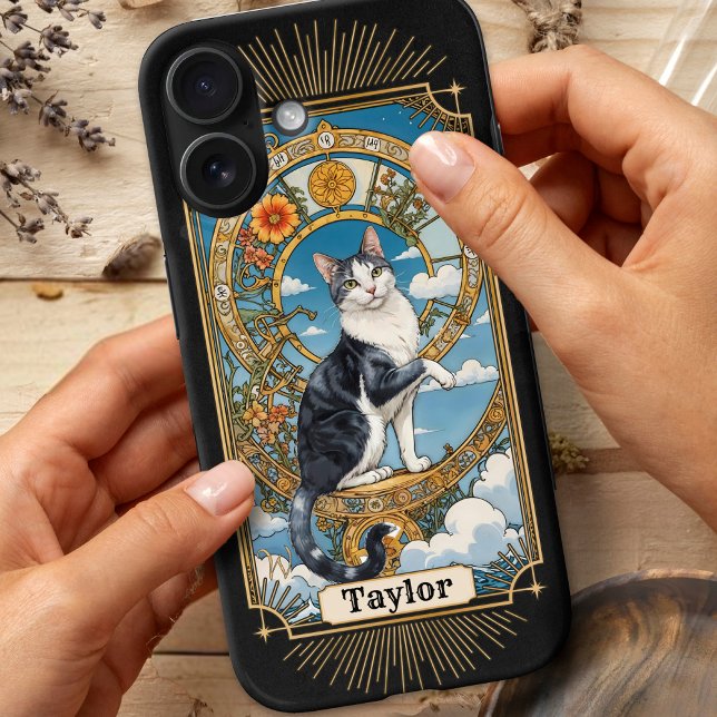 Tuxedo Cat Tarot Card Personalized iPhone 16 case (Cat tarot iPhone 16 case, with Wheel of fortune card and tuxedo cat in Art Nouveau style.)