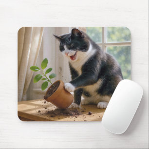 Tuxedo Cat Toppling a Potted House Plant Mouse Pad