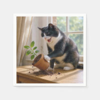 Tuxedo Cat Toppling a Potted House Plant