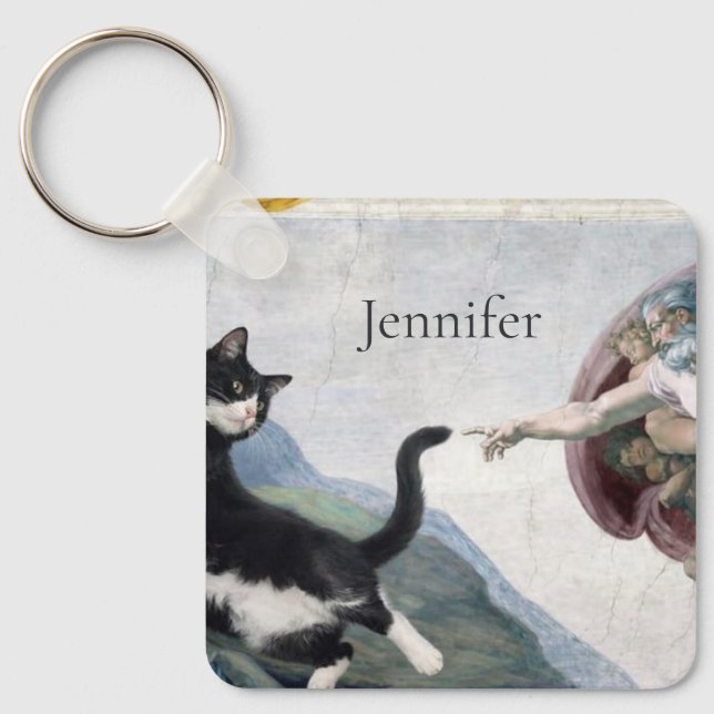 Tuxedo Cat Touching the Divine Paw                 Keychain (Front)