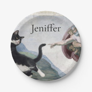 Tuxedo Cat Touching the Divine Paw Paper Plate