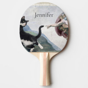 Tuxedo Cat Touching the Divine Paw Ping Pong Paddle