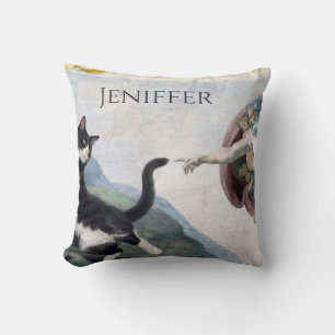 Tuxedo Cat Touching the Divine Paw                 Throw Pillow