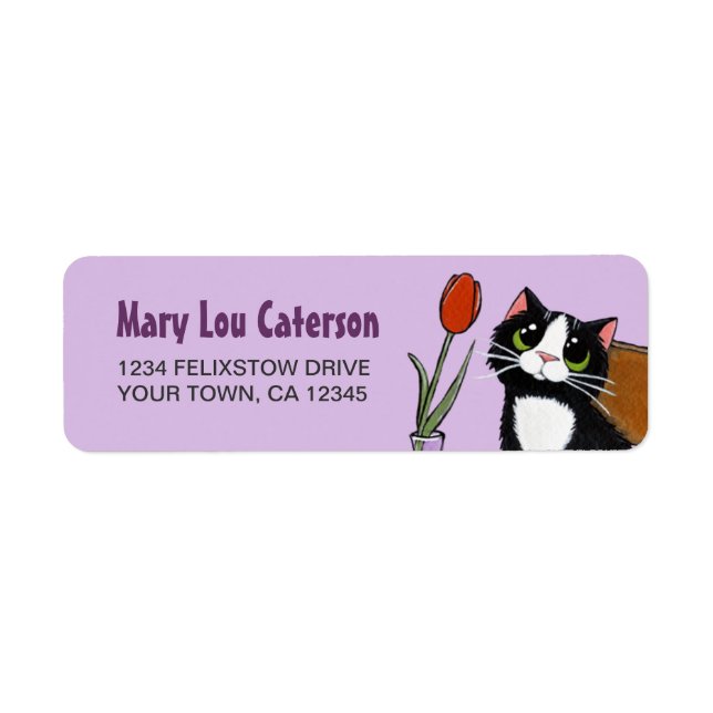 Tuxedo Cat & Tulip | Étiquette d'adresse de retour (Devant)