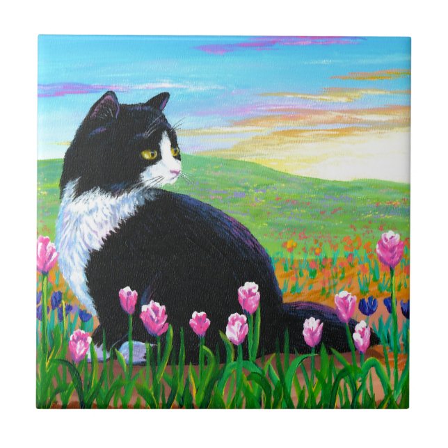 Tuxedo Cat Tulips Creationarts Tile (Front)