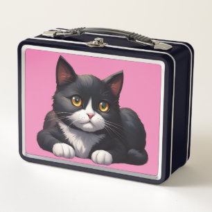 TUXEDO CAT vintage pink metal lunch box