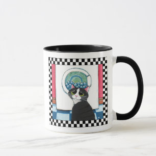 Tuxedo Cat Watching Washing Machine   Cat Art Mug