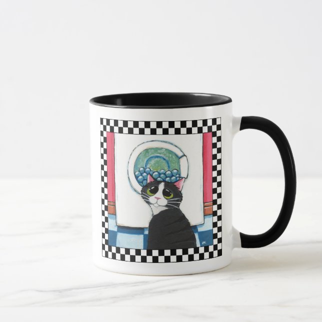 Tuxedo Cat Watching Washing Machine | Cat Art Mug (Right)