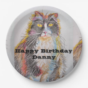 Tuxedo Cat Watercolour Birthday Party Paper Plate