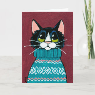 Tuxedo Cat Wearing an Ugly Sweater Painting Holiday Card