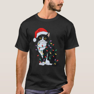 Tuxedo Cat Wearing Santa Hat Christmas Tree Lights T-Shirt